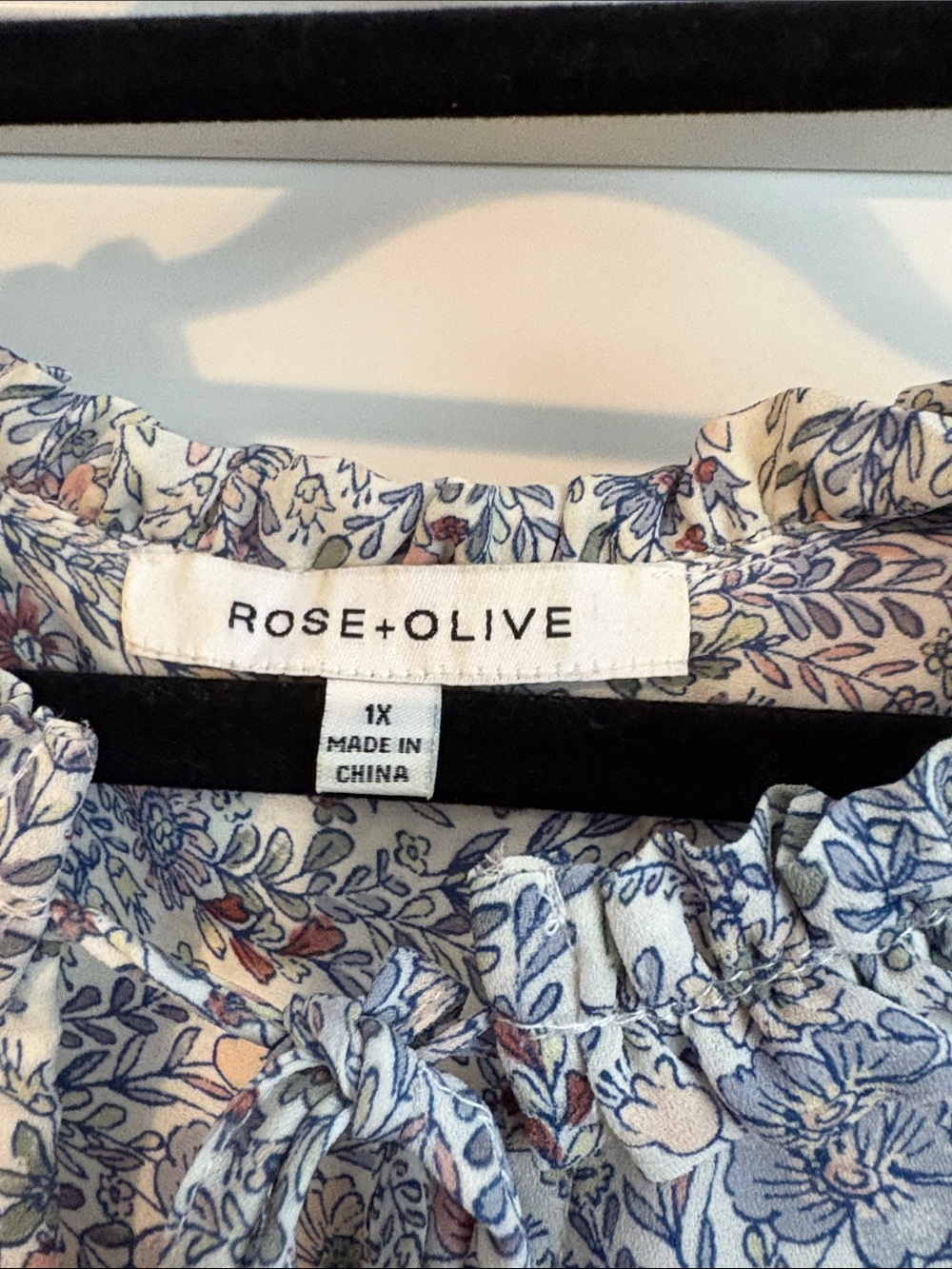 Rose and Olive Blue and Cream Floral Tie-Neck Ruffle Blouse - Picture 2 of 8
